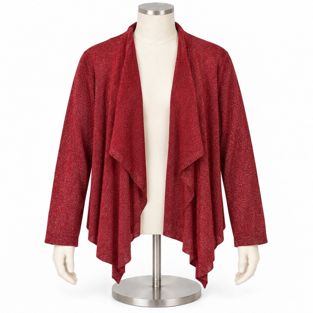 Ruby Rd Womens XL Red Metallic Open Front Waterfall Cardigan Shimmer Knit 89161